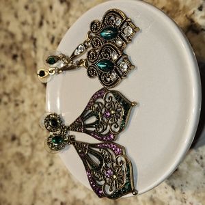 Set of 2 Moroccan Persian Style Earrings Vintage Inspired Gatsby Gold Jewel Tone